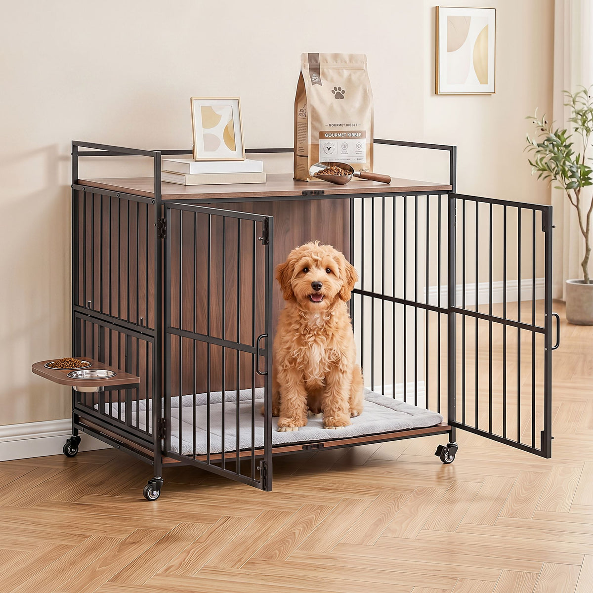 2-in-1 Wooden Dog Crate 99cm Pet Cage Furniture End Table Wheels Black