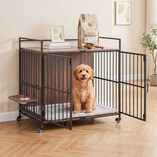 2-in-1 Wooden Dog Crate 99cm Pet Cage Furniture End Table Wheels Black