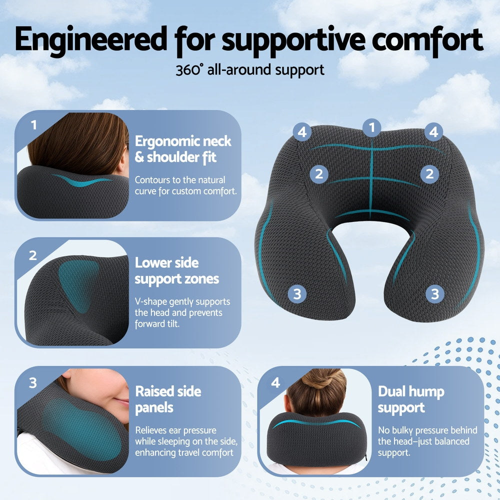 Travel Neck Pillow U-Shape Support Memory Foam Plane Car Cushion - Black