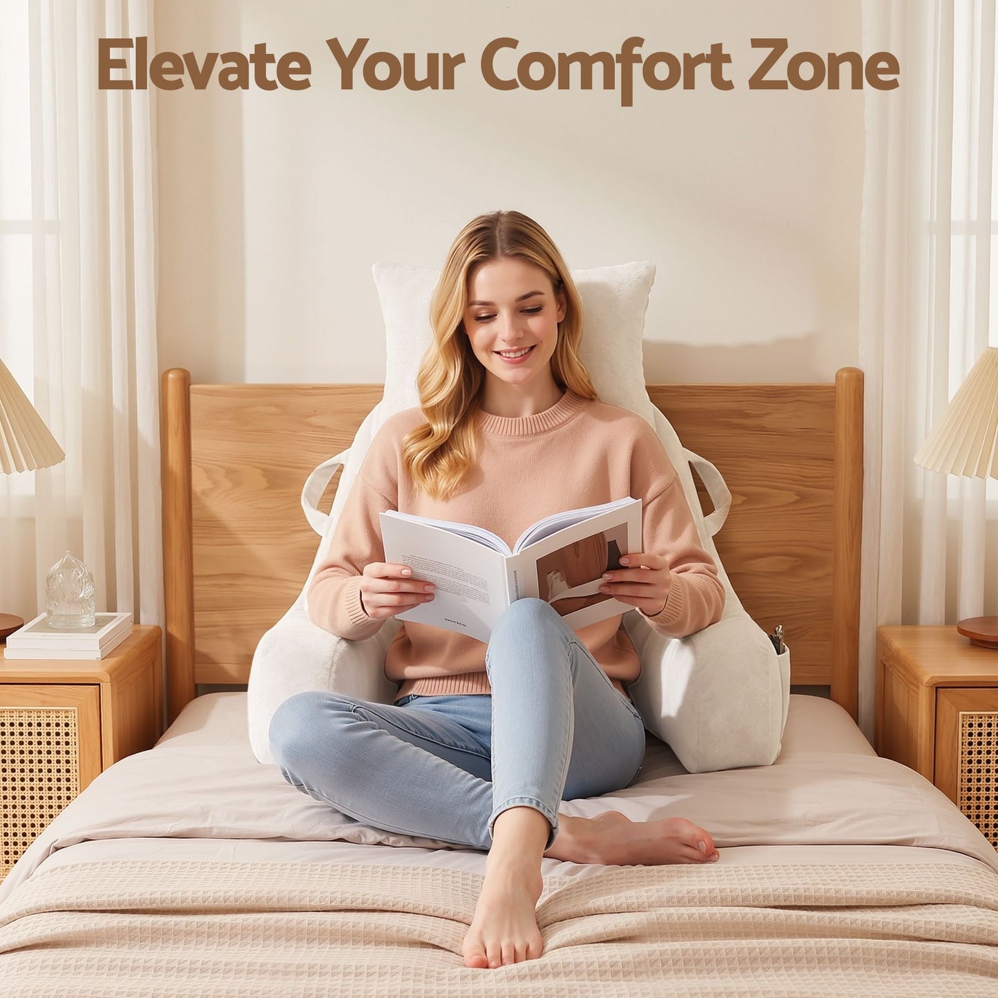 Giselle Bedding Reading Pillow with Detachable Neck Roll & Armrests Sit Up Pillow for Bed Back Support Pillow for Watching TV & Gaming Beige
