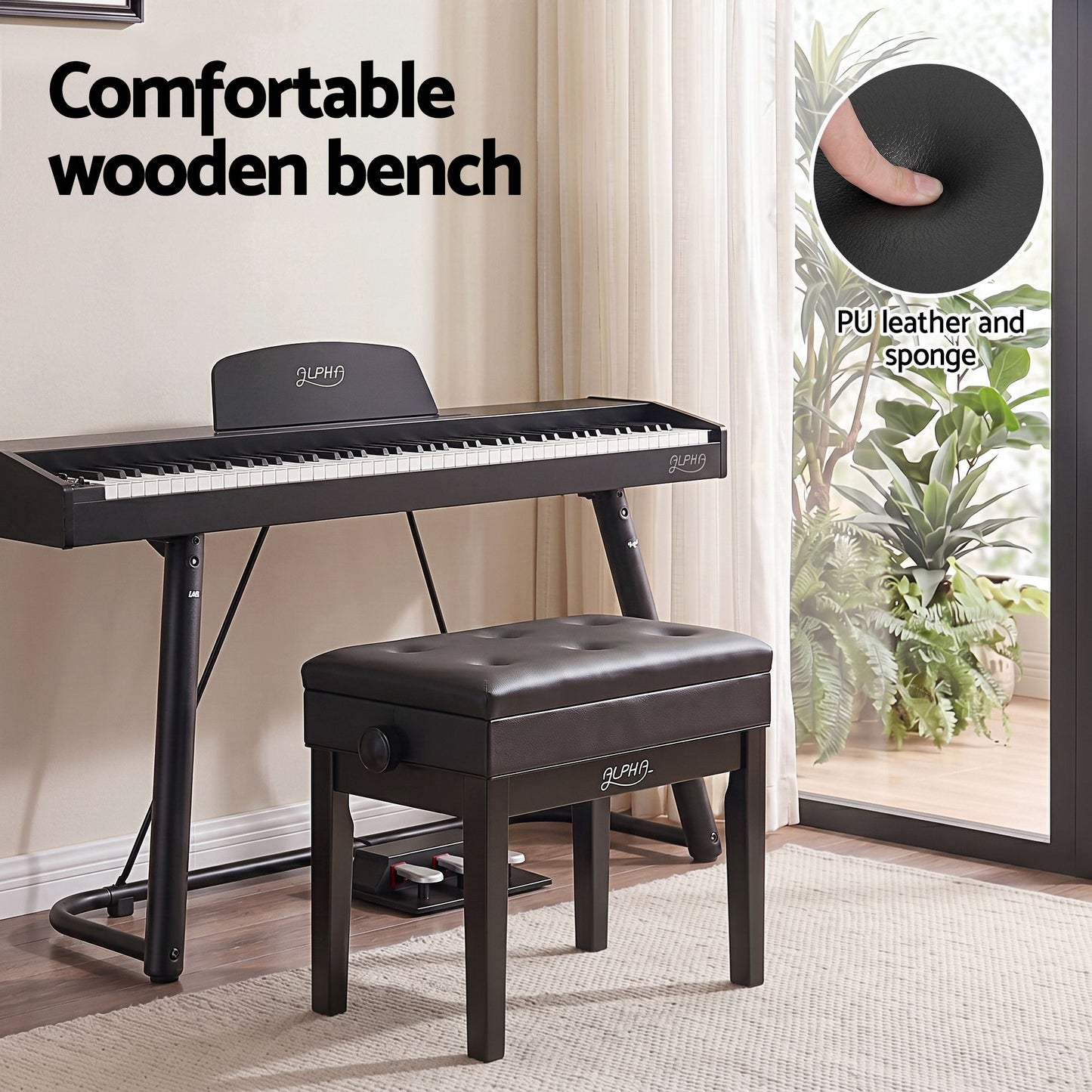 Adjustable Piano Bench Wooden Keyboard Seat Padded Music Chair Black