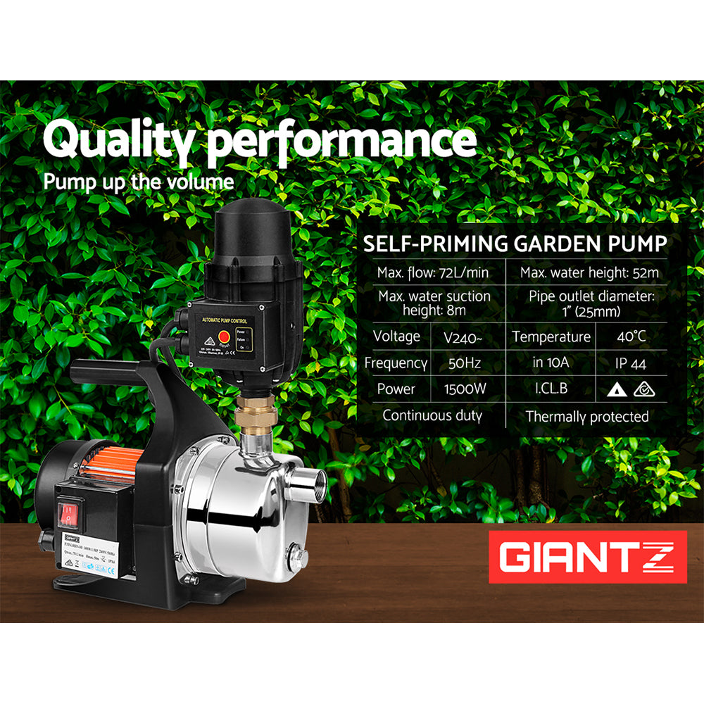 Garden Water Pump 1500W High Pressure Tank Rain Farm Irrigation - Black
