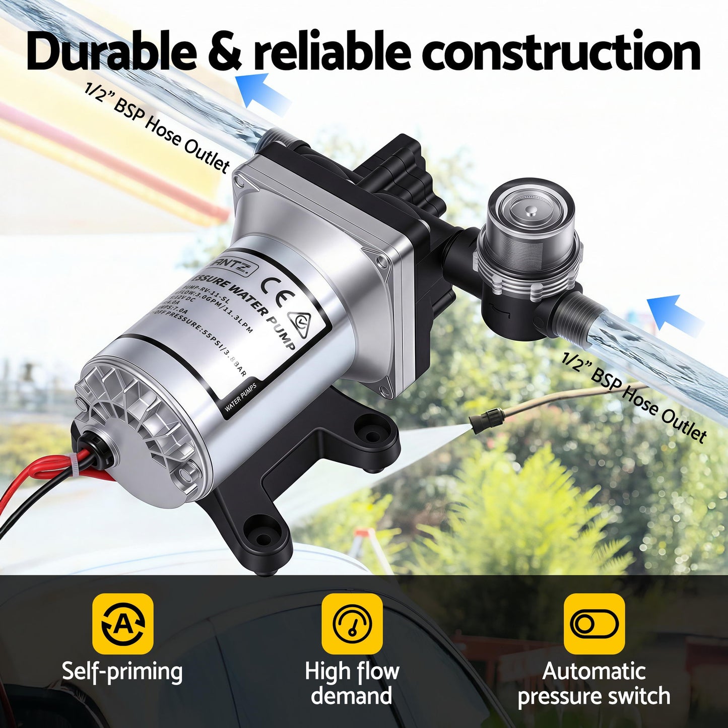 12V Water Pump High Pressure Fast Self Priming 11.3L with Auto Switch for RV Caravan Boat