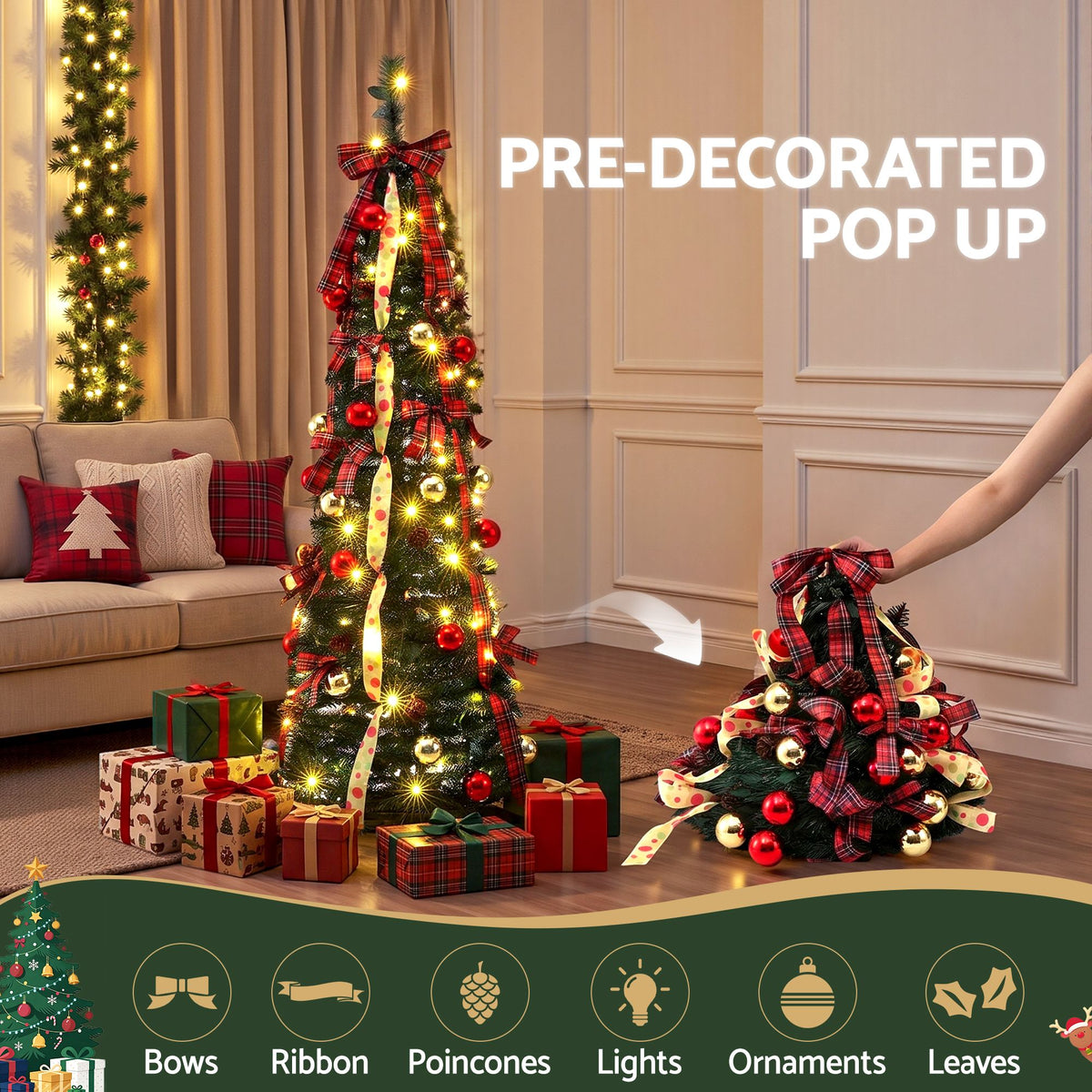 5ft 160cm Pop Up Christmas Tree Pre Decorated Artificial Christmas Tree