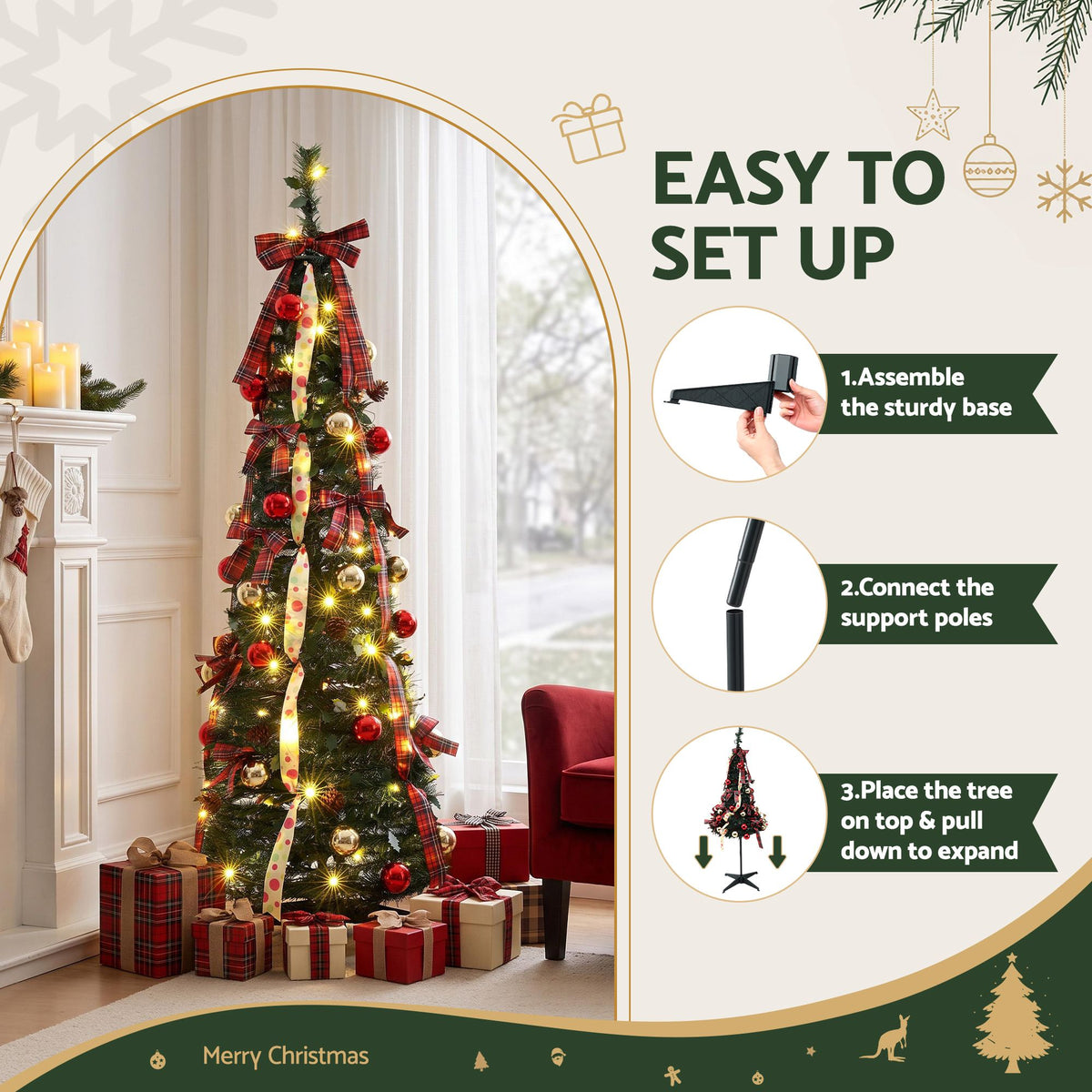 5ft 160cm Pop Up Christmas Tree Pre Decorated Artificial Christmas Tree