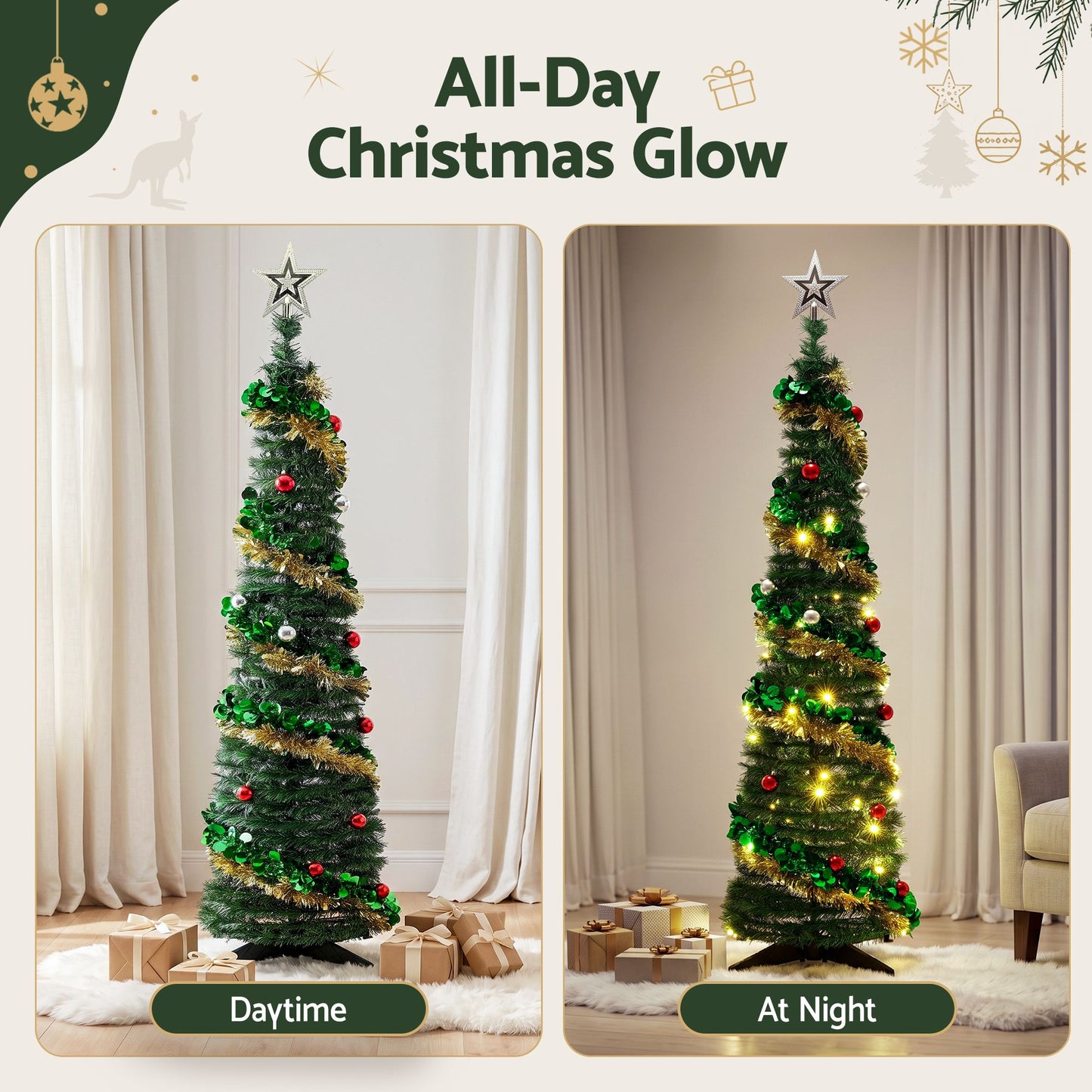 5ft 160cm Pop Up Christmas Tree Pre Decorated Warm White LED