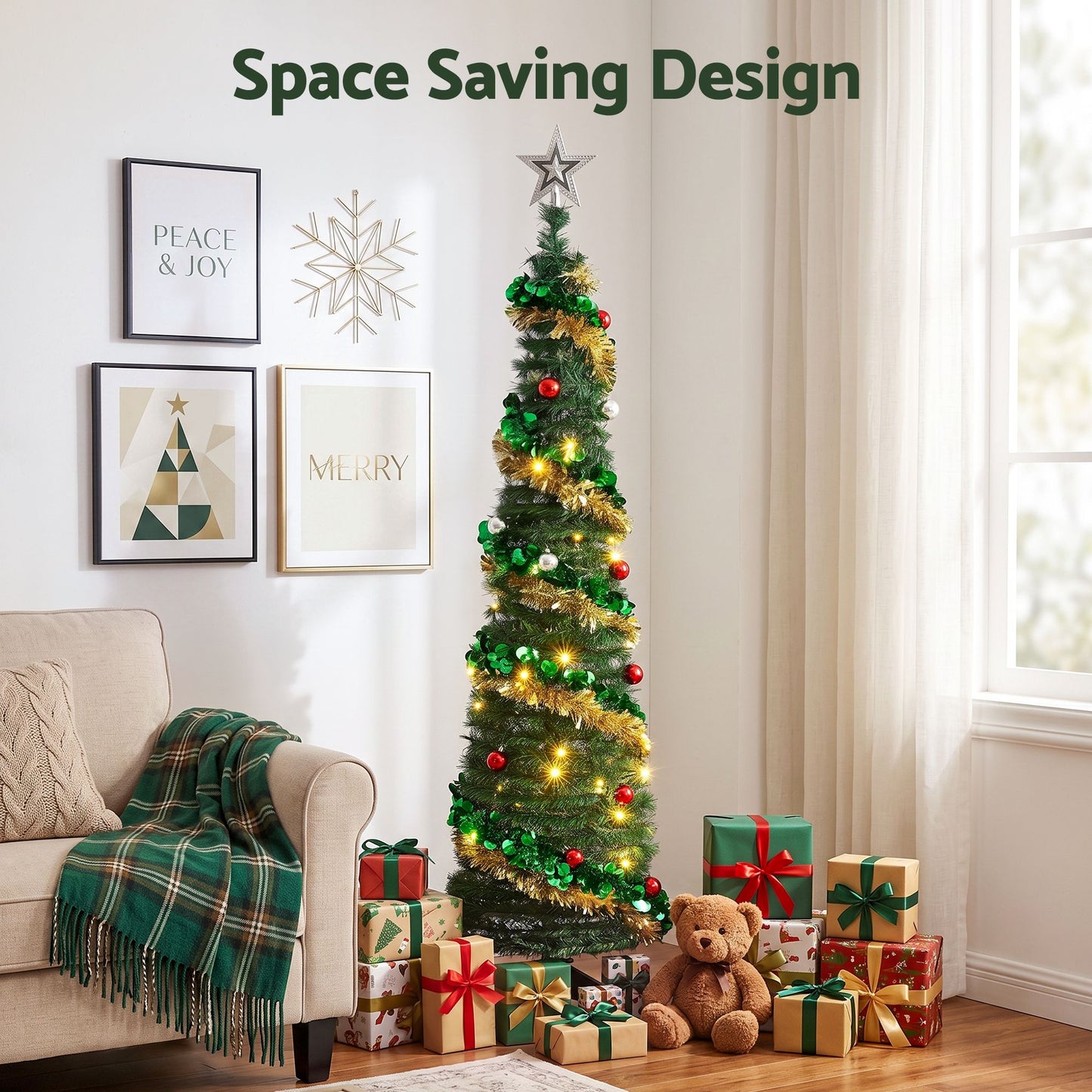 5ft 160cm Pop Up Christmas Tree Pre Decorated Warm White LED