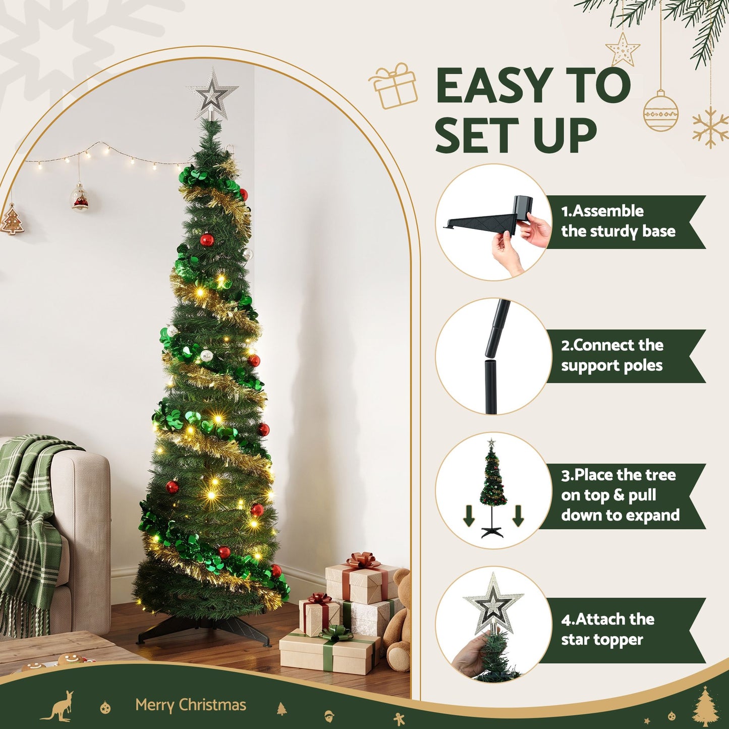 5ft 160cm Pop Up Christmas Tree Pre Decorated Warm White LED