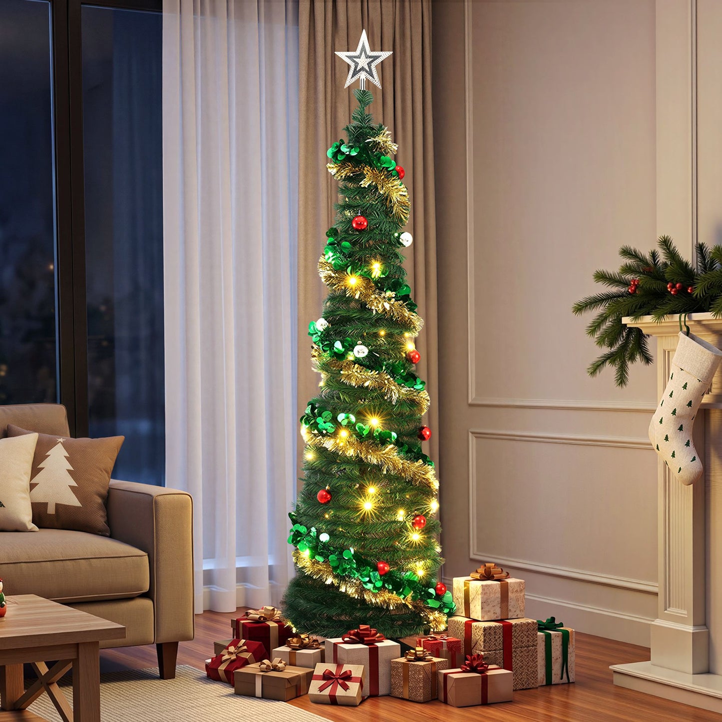 5ft 160cm Pop Up Christmas Tree Pre Decorated Warm White LED