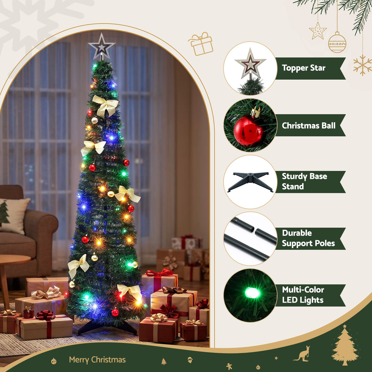 5ft 155cm Pop Up Christmas Tree Pre Decorated Multicolour LED
