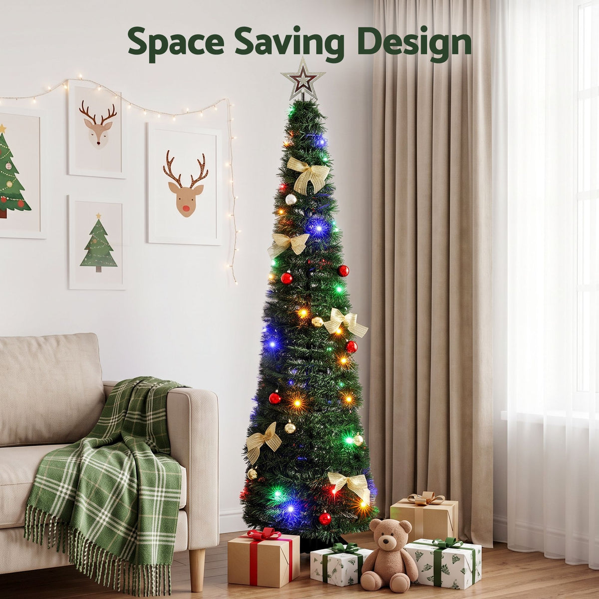 5ft 155cm Pop Up Christmas Tree Pre Decorated Multicolour LED