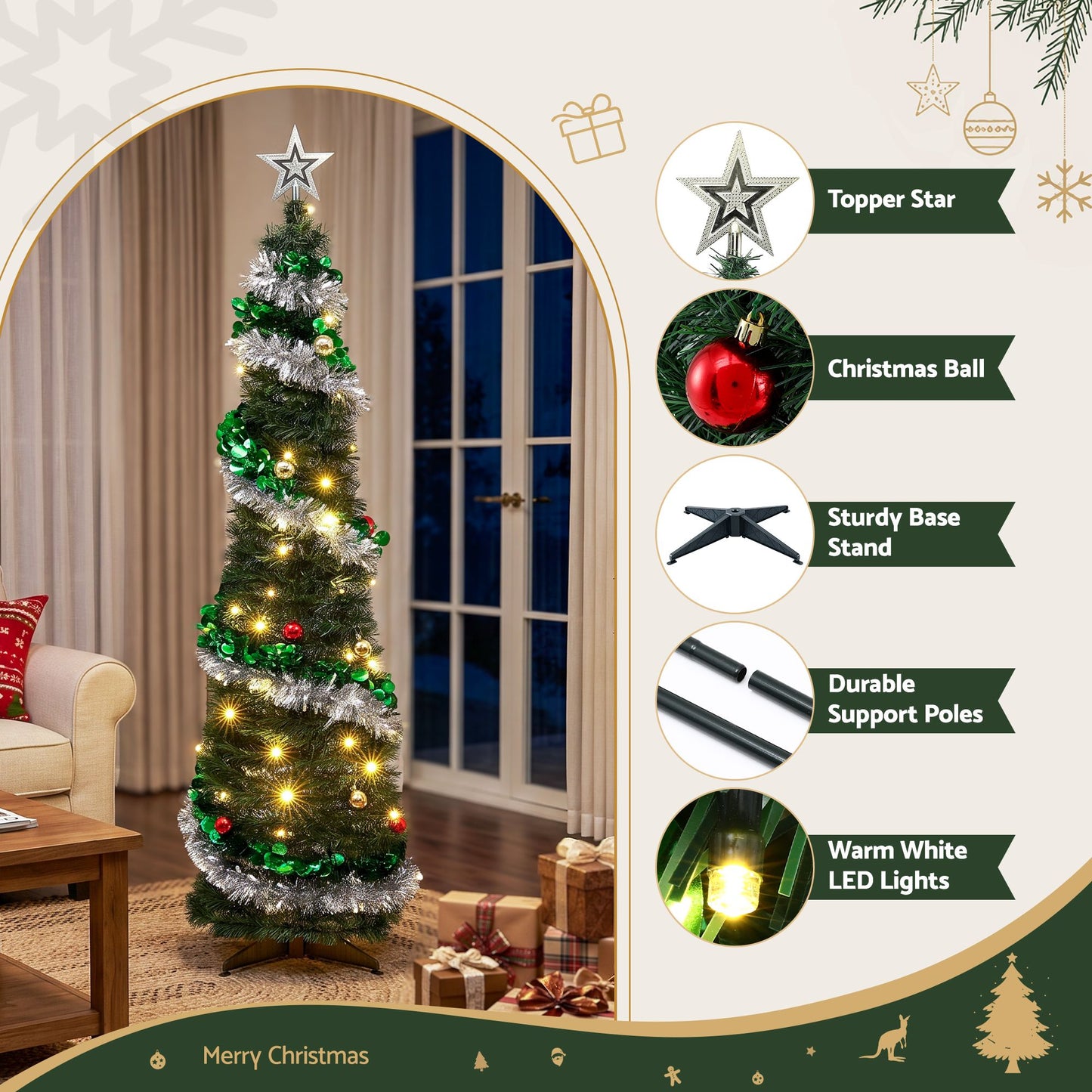 5ft 155cm Pop Up Christmas Tree Pre Decorated Warm White LED