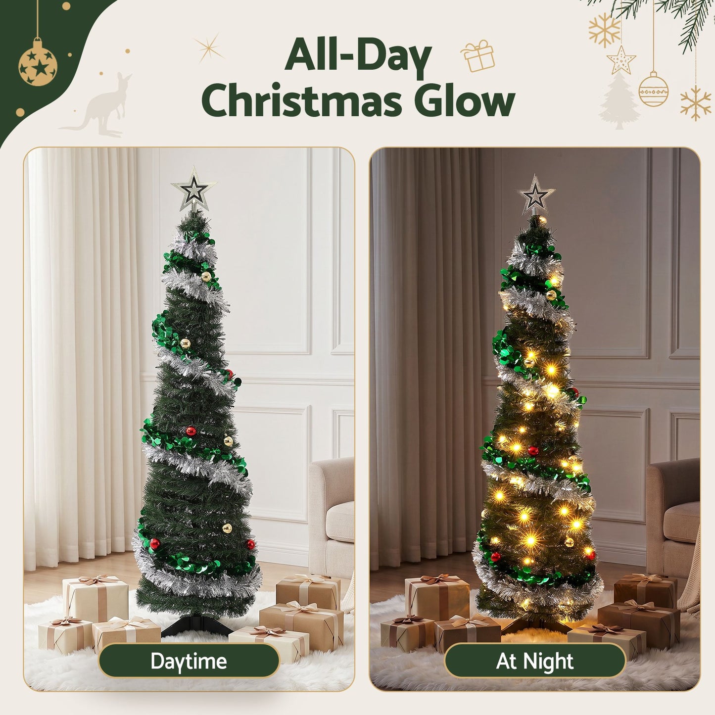 5ft 155cm Pop Up Christmas Tree Pre Decorated Warm White LED