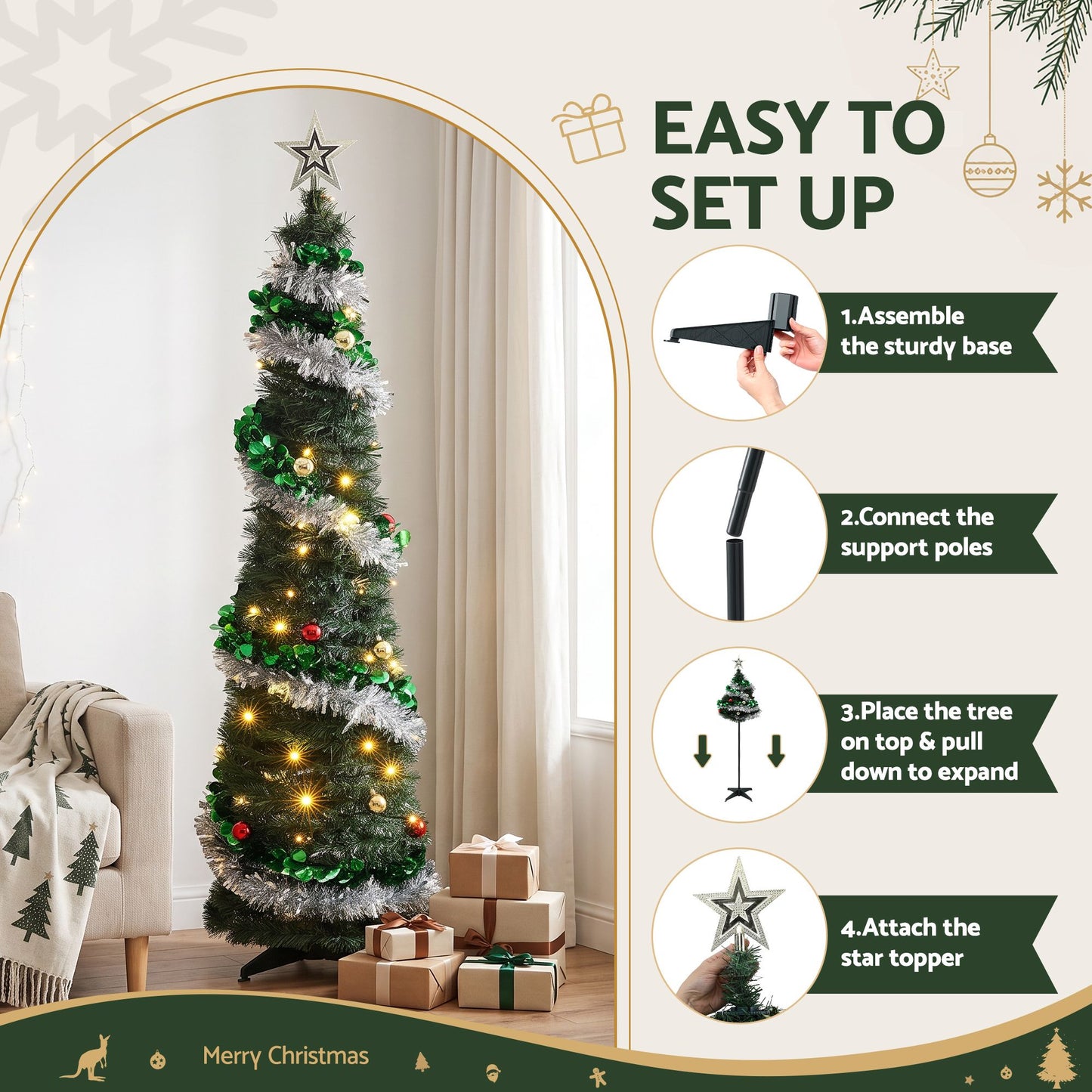 5ft 155cm Pop Up Christmas Tree Pre Decorated Warm White LED