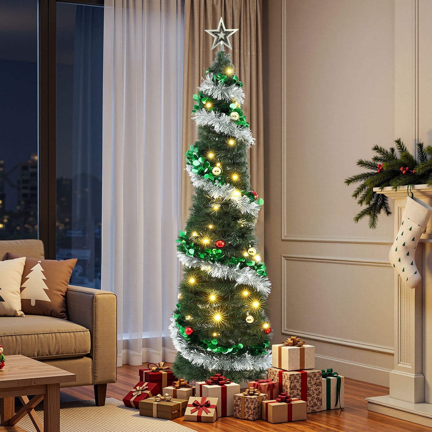 5ft 155cm Pop Up Christmas Tree Pre Decorated Warm White LED