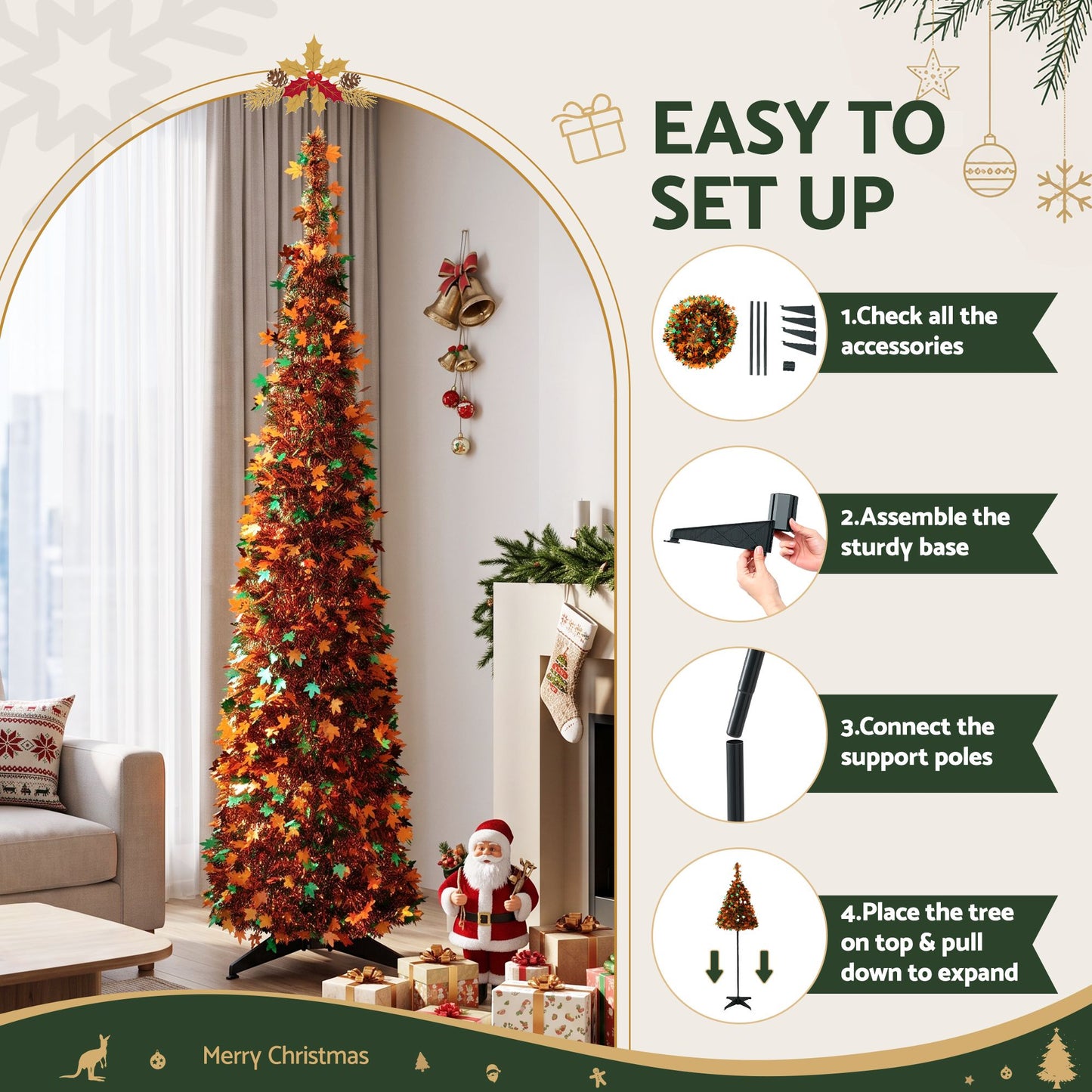 5ft 160cm 160cm Pop Up Christmas Tree Artificial Christmas Tree Golden Maple Leaf