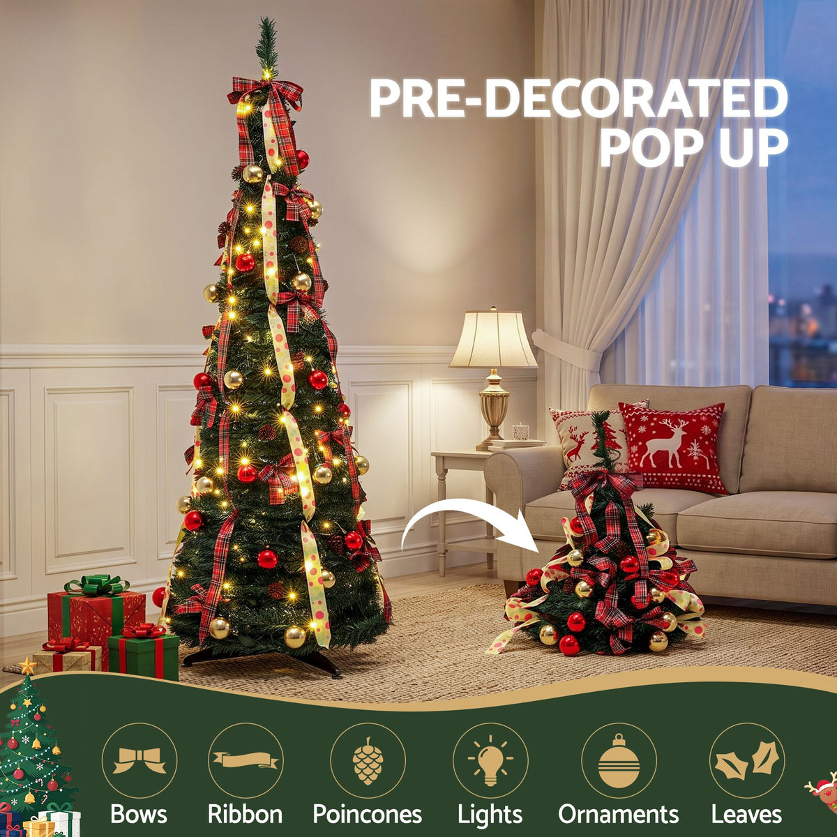 6.5ft 197cm Pop Up Christmas Tree Pre Decorated Artificial Christmas Tree