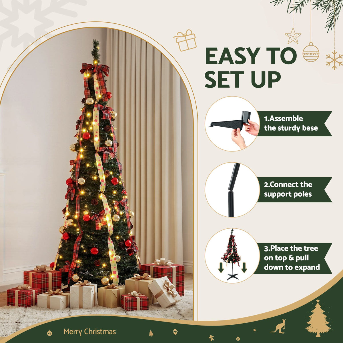 6.5ft 197cm Pop Up Christmas Tree Pre Decorated Artificial Christmas Tree