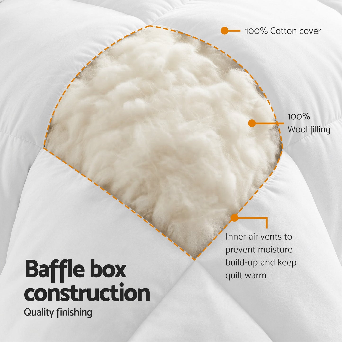 Queen Giselle Bedding Wool Quilt 800GSM Extra Thick Winter Doona Baffle Box Construction 100% Wool Filling
