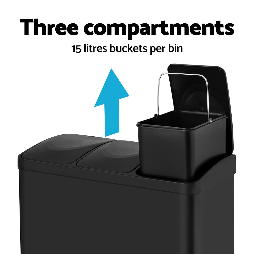 Pedal Bins Rubbish Bin Triple Compartments Waste Recycle Dustbins 45L
