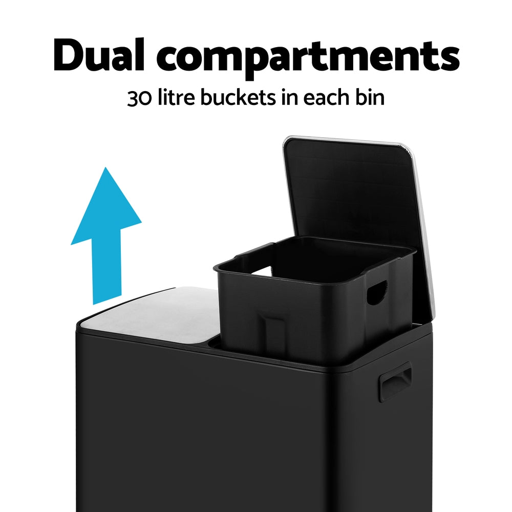 Pedal Bins Rubbish Bin Dual Compartment Waste Recycle Dustbins 60L - Black