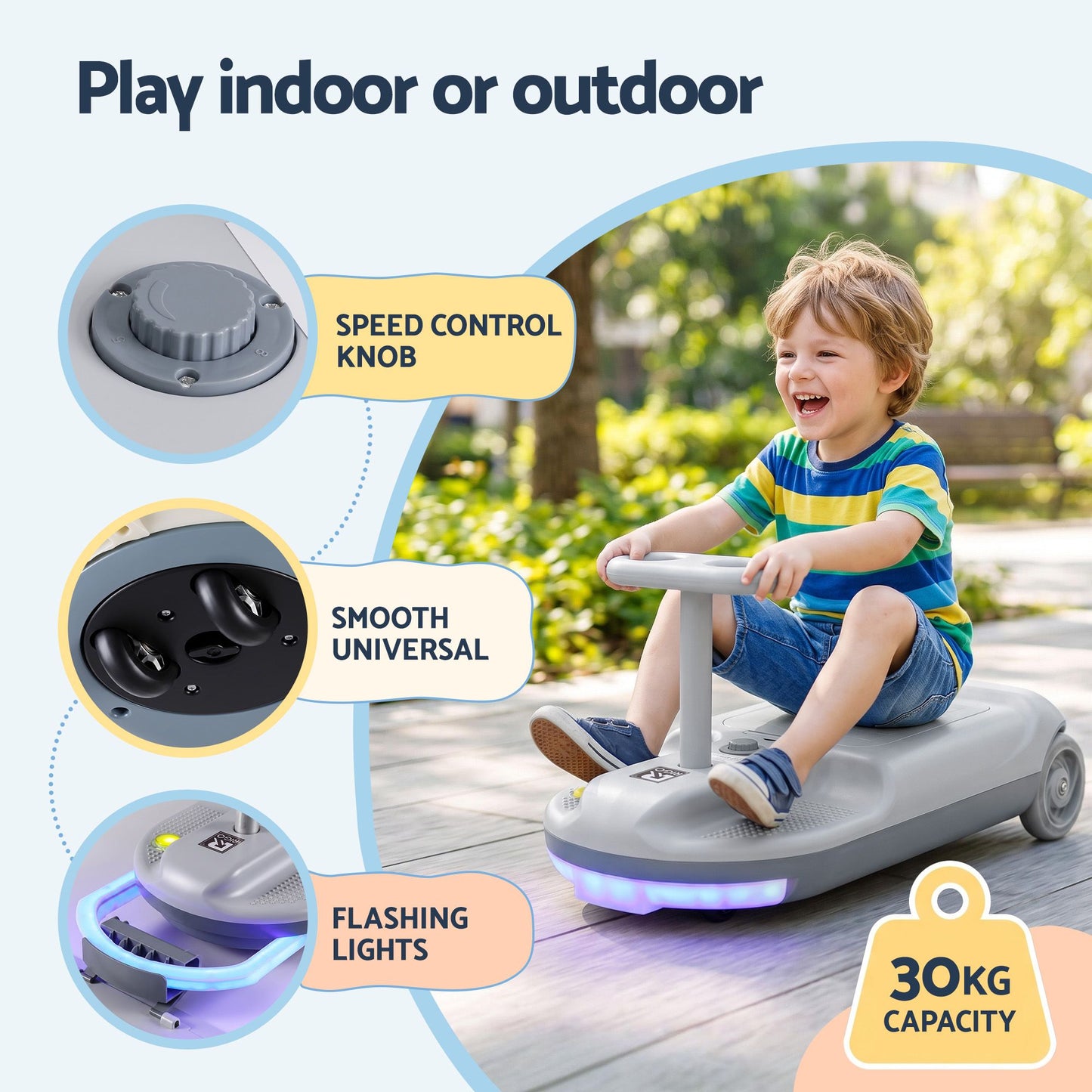 Ride on Car with Mop Storage Space Kids Clean Car 12V 86cm Grey