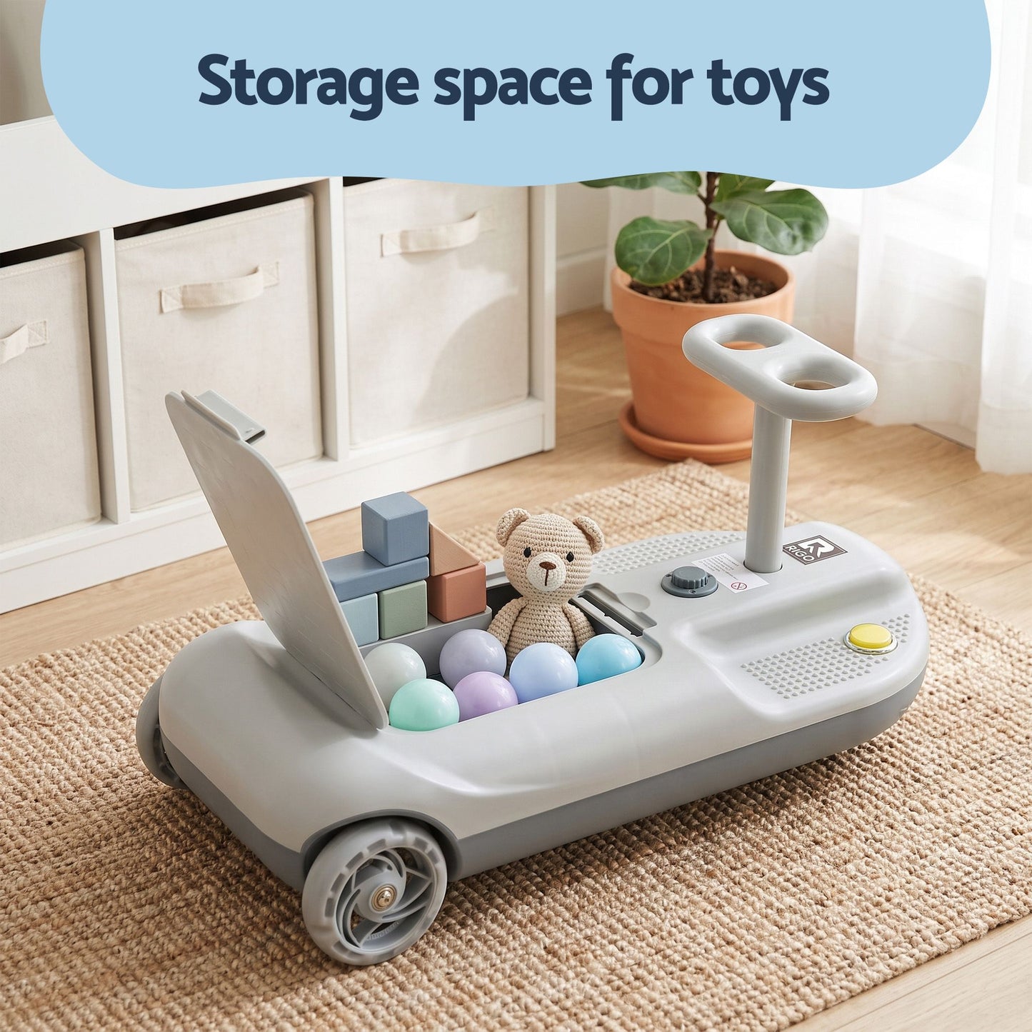 Ride on Car with Mop Storage Space Kids Clean Car 12V 86cm Grey