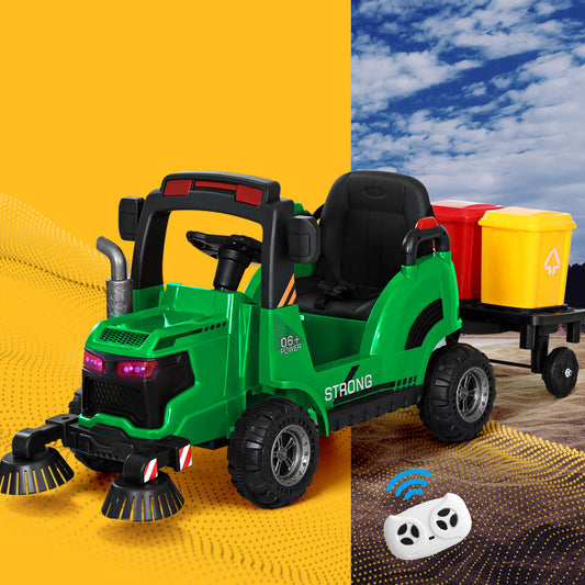 Kids Ride On Car Street Sweeper Truck w/ Rotating Brushes Garbage Cans - Green
