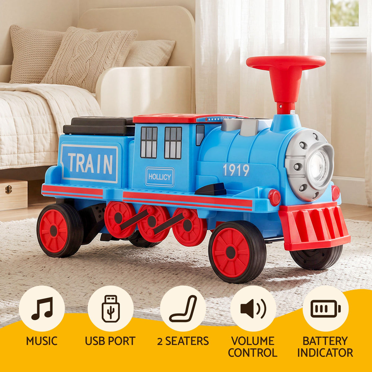 Kids Ride on Car Train 12V Electric Toy 2 Seaters Storage 87cm Blue