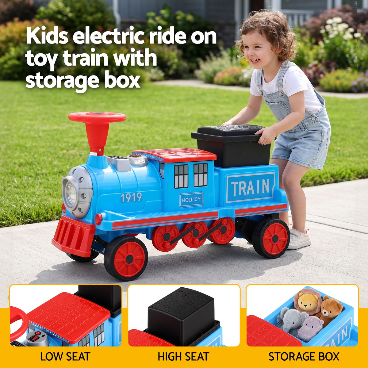 Kids Ride on Car Train 12V Electric Toy 2 Seaters Storage 87cm Blue