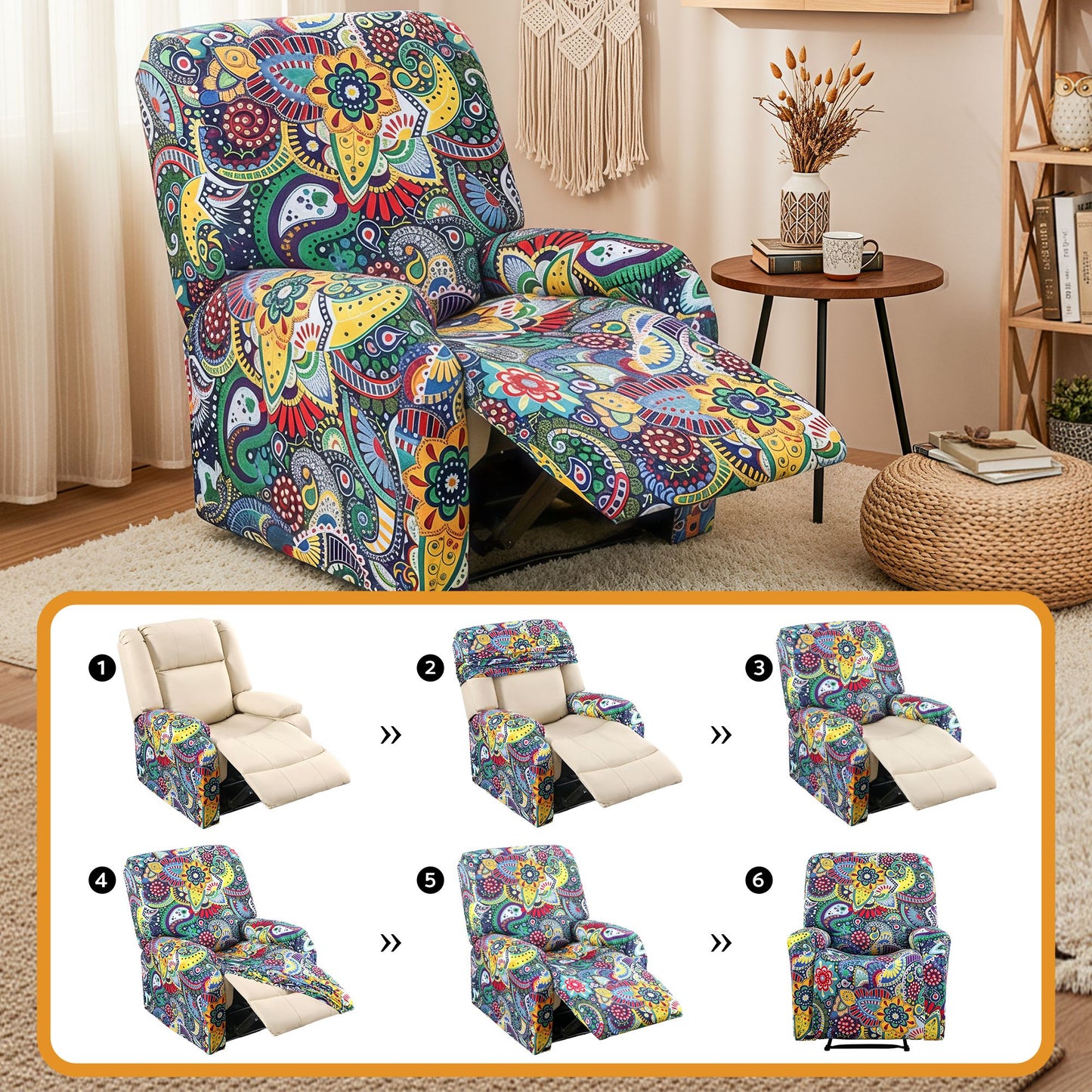 Stretch Kids Recliner Cover 4-Pieces Recliner Chair Slipcovers Printed Polyester