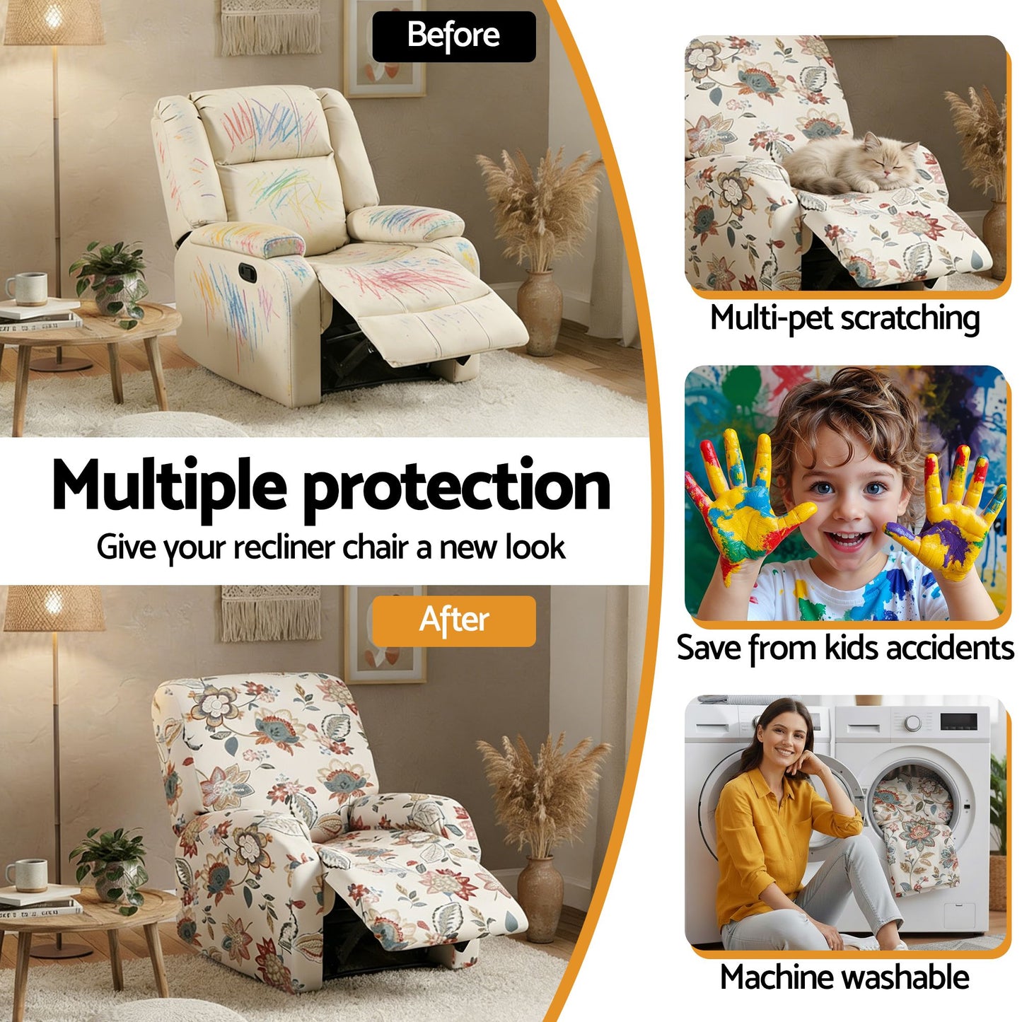 Stretch Kids Recliner Cover 4-Pieces Recliner Chair Slipcovers Printed Polyester