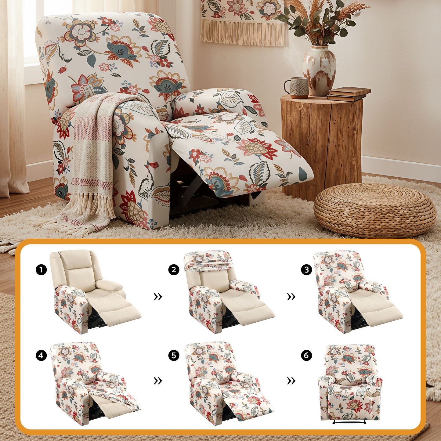 Stretch Kids Recliner Cover 4-Pieces Recliner Chair Slipcovers Printed Polyester