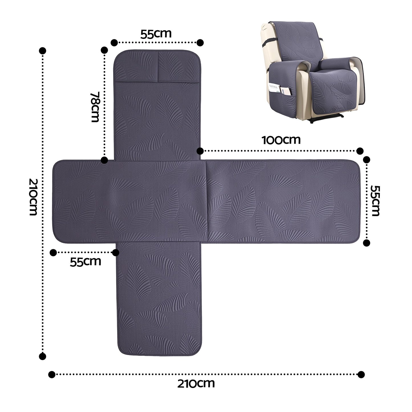 Quilted Recliner Chair Covers 100% Waterproof Recliner Slipcovers Grey