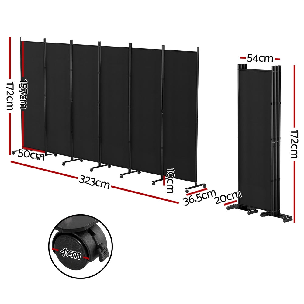 6 Panel Room Divider Screen 323cm Wheel Fabric - Black