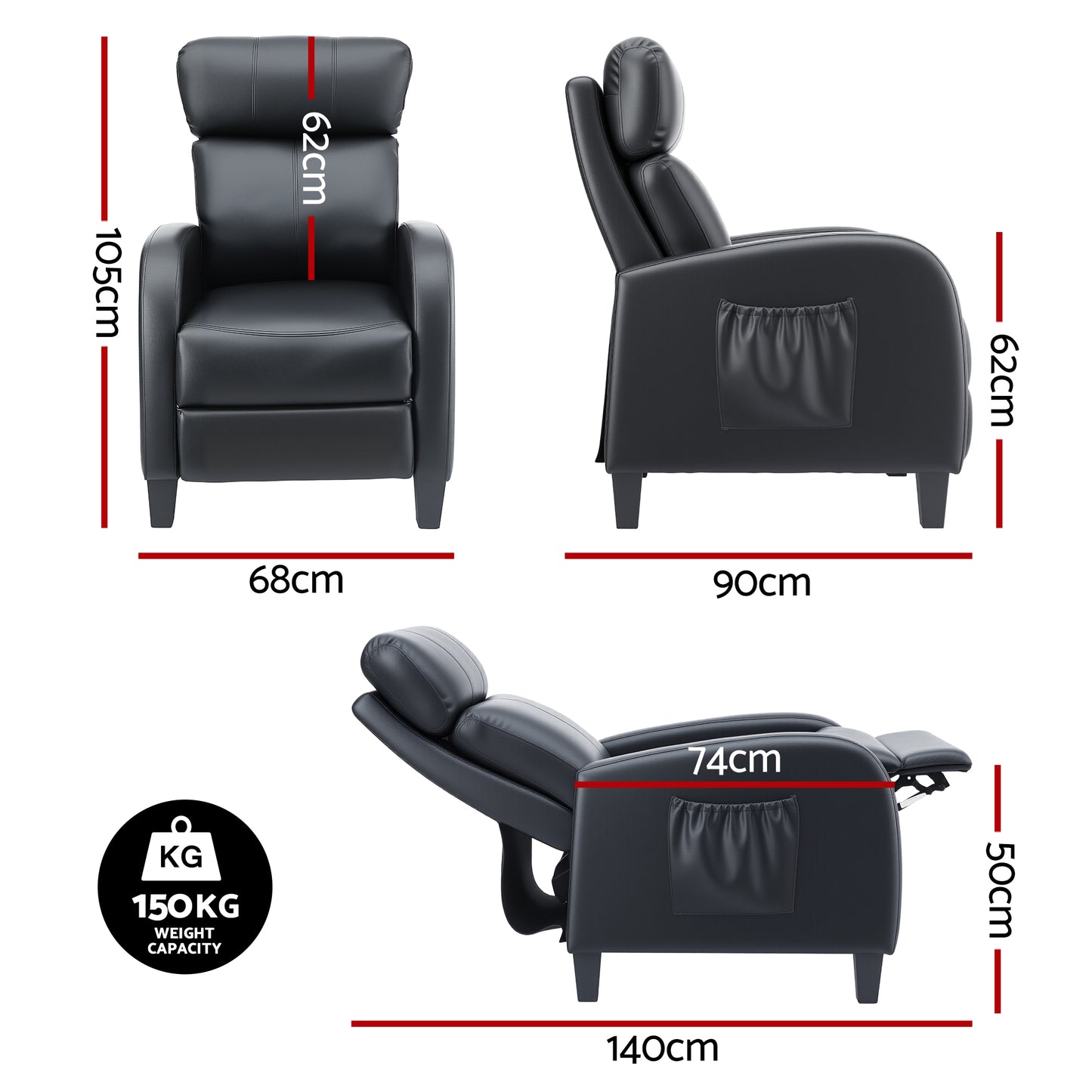 Atropos Massage Recliner Chair Small Recliner Sofa for Adults PU Leather - Black