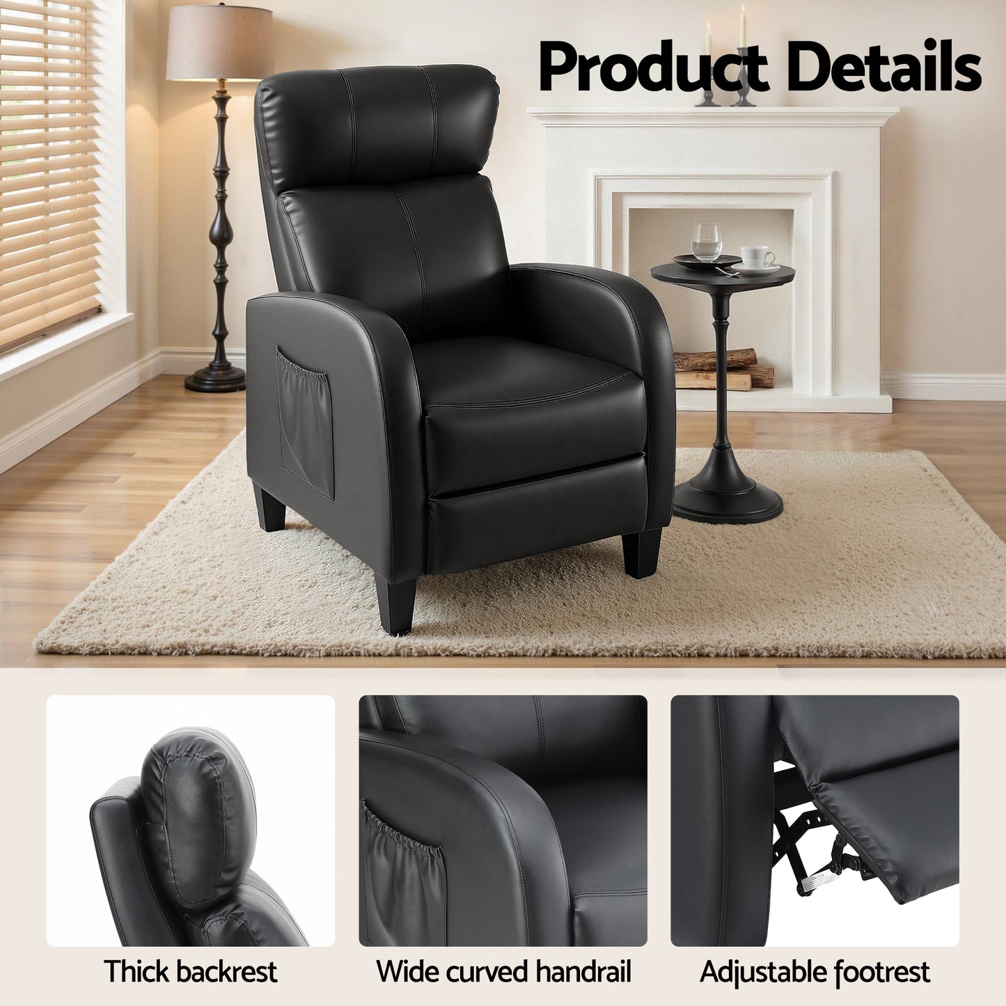 Atropos Massage Recliner Chair Small Recliner Sofa for Adults PU Leather - Black