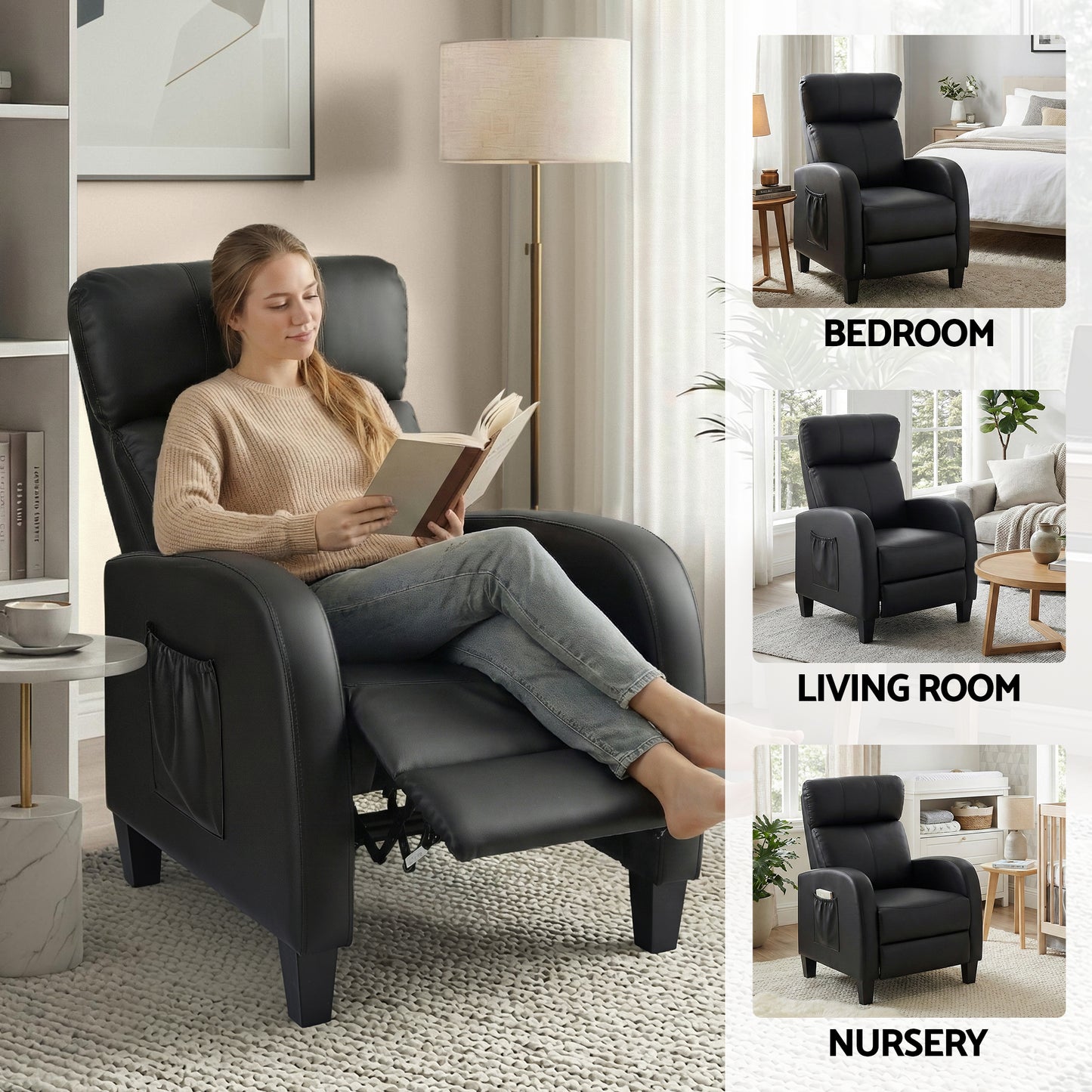 Atropos Massage Recliner Chair Small Recliner Sofa for Adults PU Leather - Black