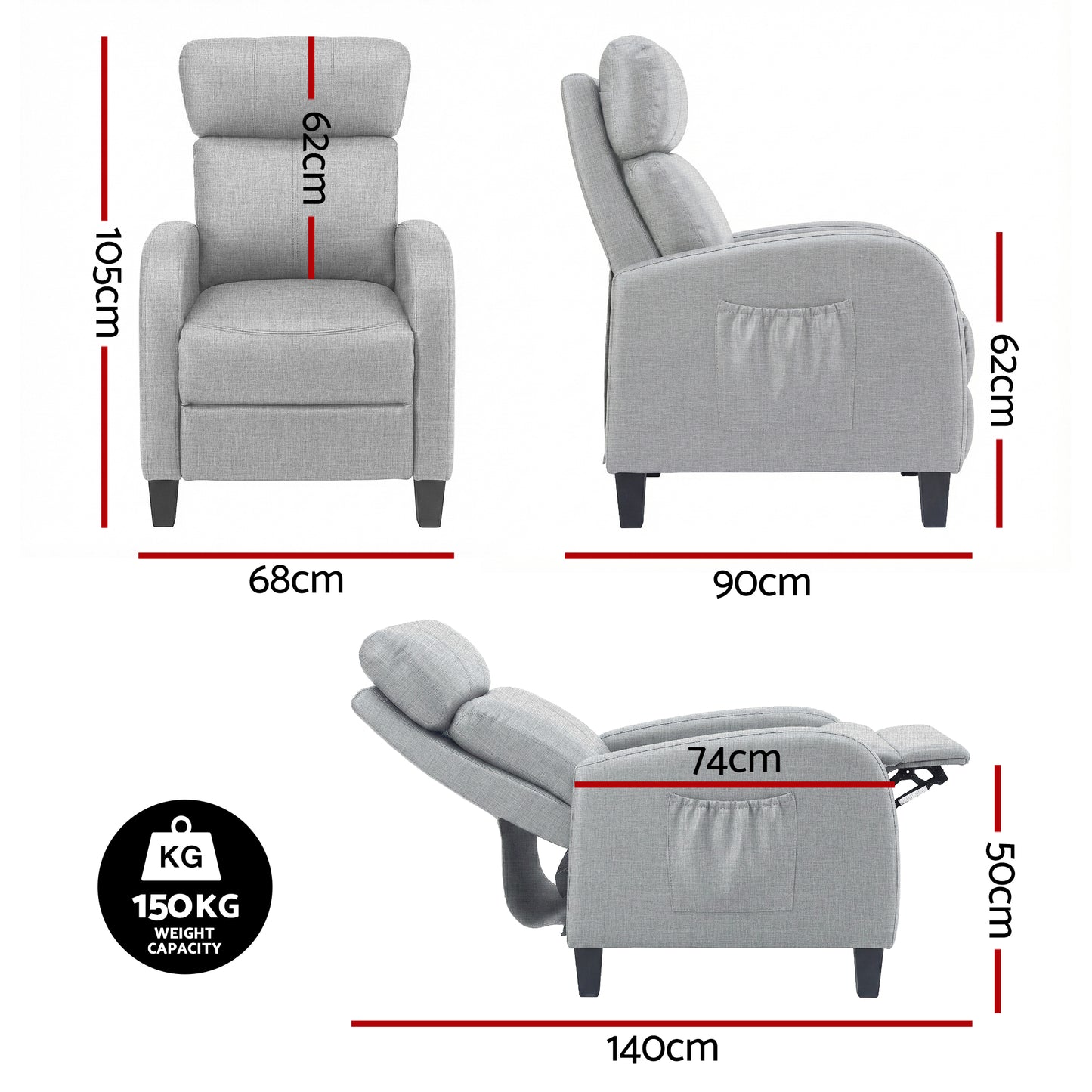 Atropos Massage Recliner Chair Small Recliner Sofa for Adults Fabric - Grey