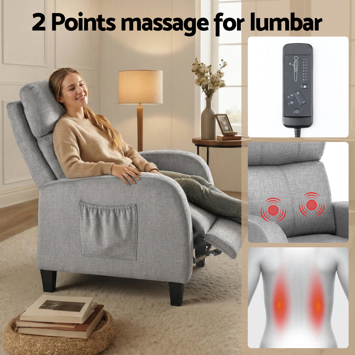 Atropos Massage Recliner Chair Small Recliner Sofa for Adults Fabric - Grey
