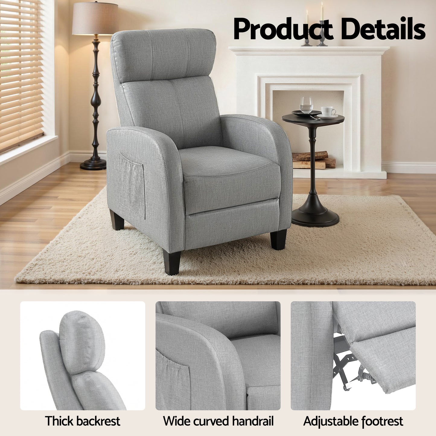 Atropos Massage Recliner Chair Small Recliner Sofa for Adults Fabric - Grey