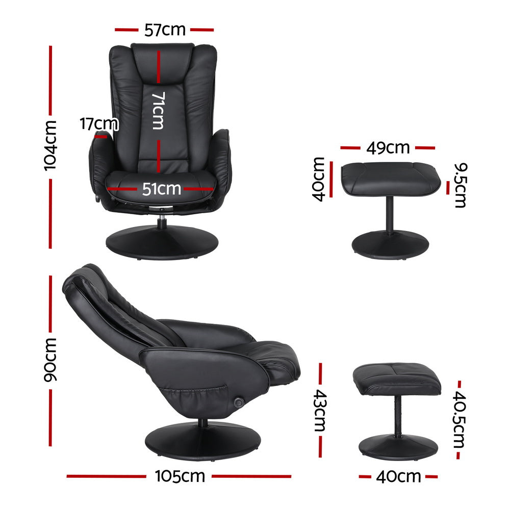 Set of 2 Daedalus Recliner Chair Ottoman Heated Massage - Black