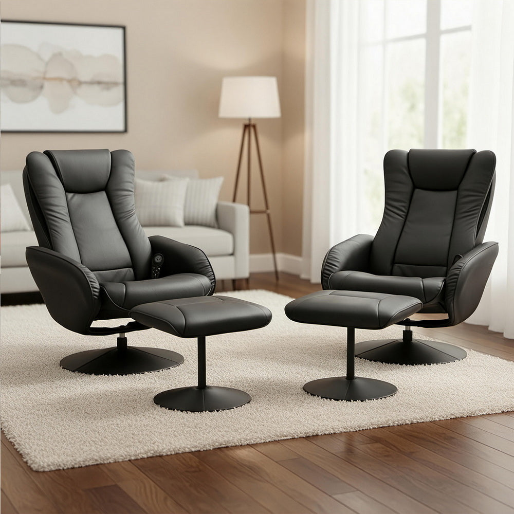 Set of 2 Daedalus Recliner Chair Ottoman Heated Massage - Black