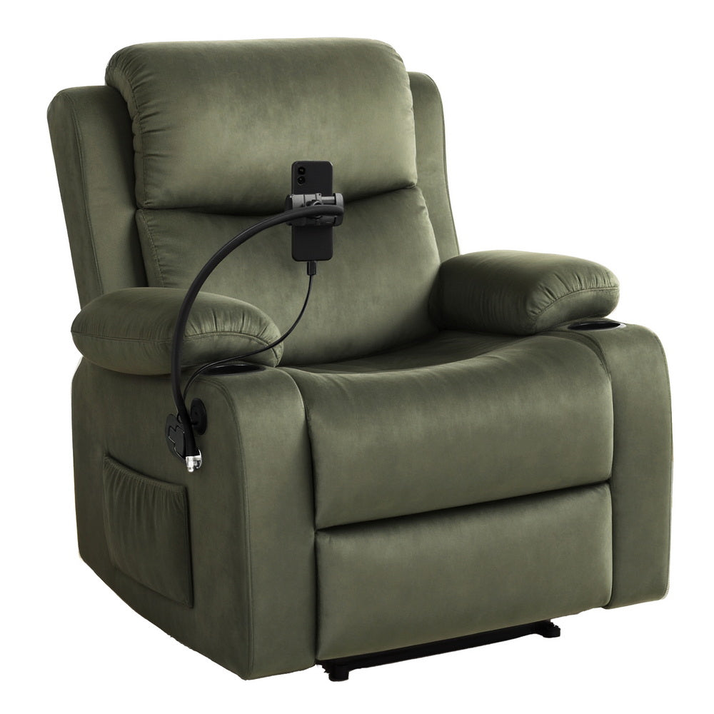 Charon Recliner Chair Heated Massage Chair with Phone Holder Velvet - Green