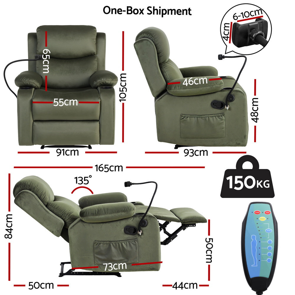 Charon Recliner Chair Heated Massage Chair with Phone Holder Velvet - Green