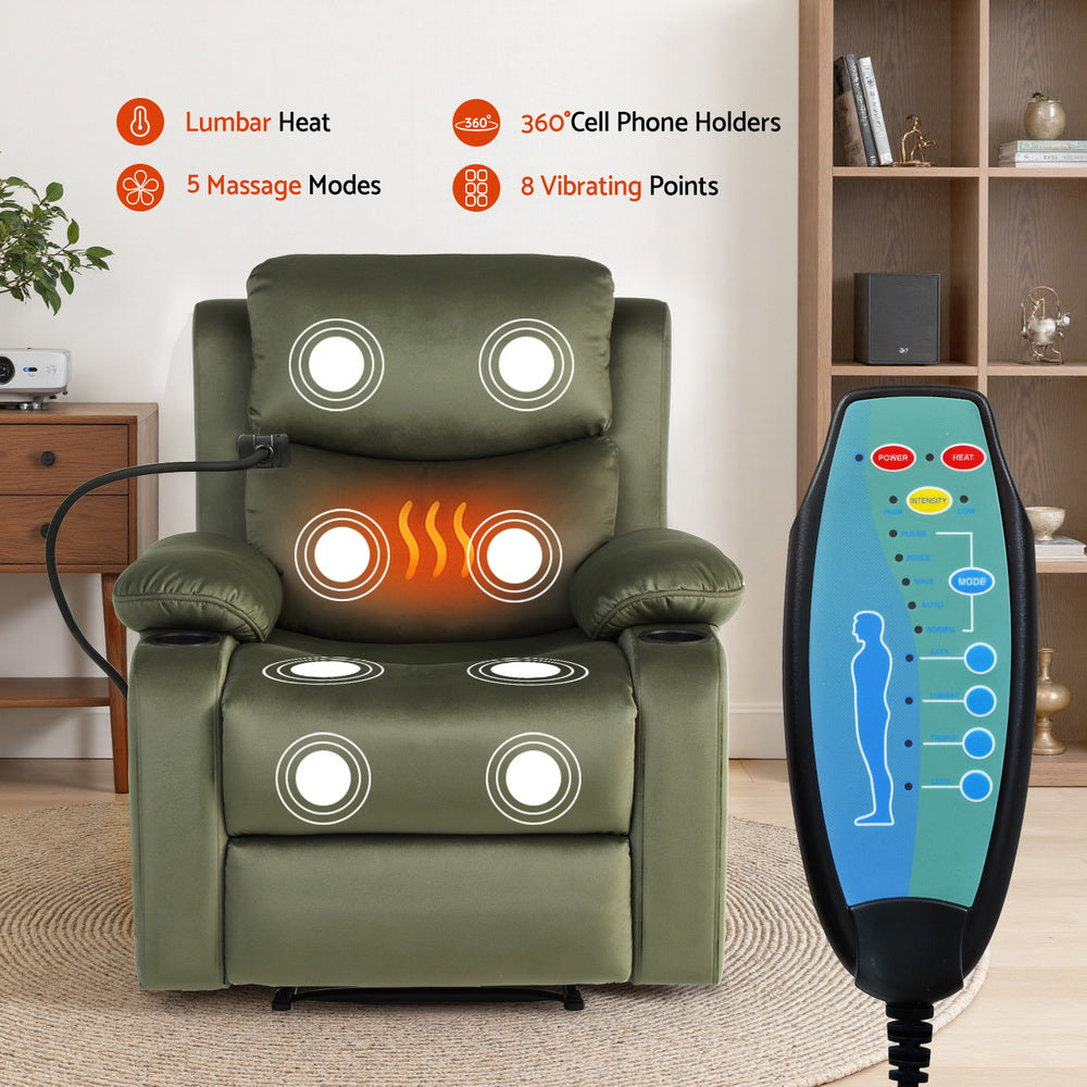 Charon Recliner Chair Heated Massage Chair with Phone Holder Velvet - Green