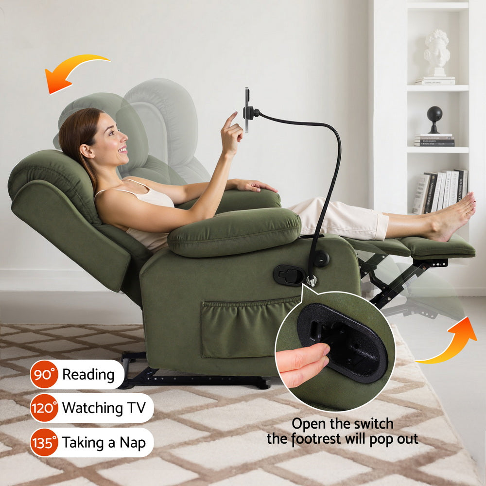 Charon Recliner Chair Heated Massage Chair with Phone Holder Velvet - Green