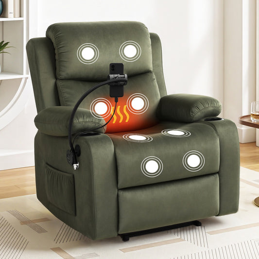 Charon Recliner Chair Heated Massage Chair with Phone Holder Velvet - Green