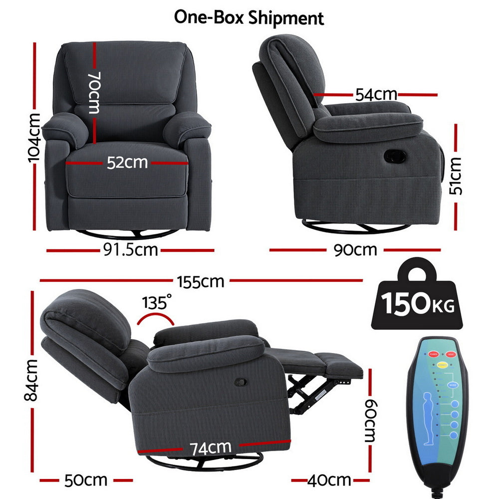 Clotho Rocking Recliner Chair 360 Swivel Massage Heated Reclining Chairs - Grey