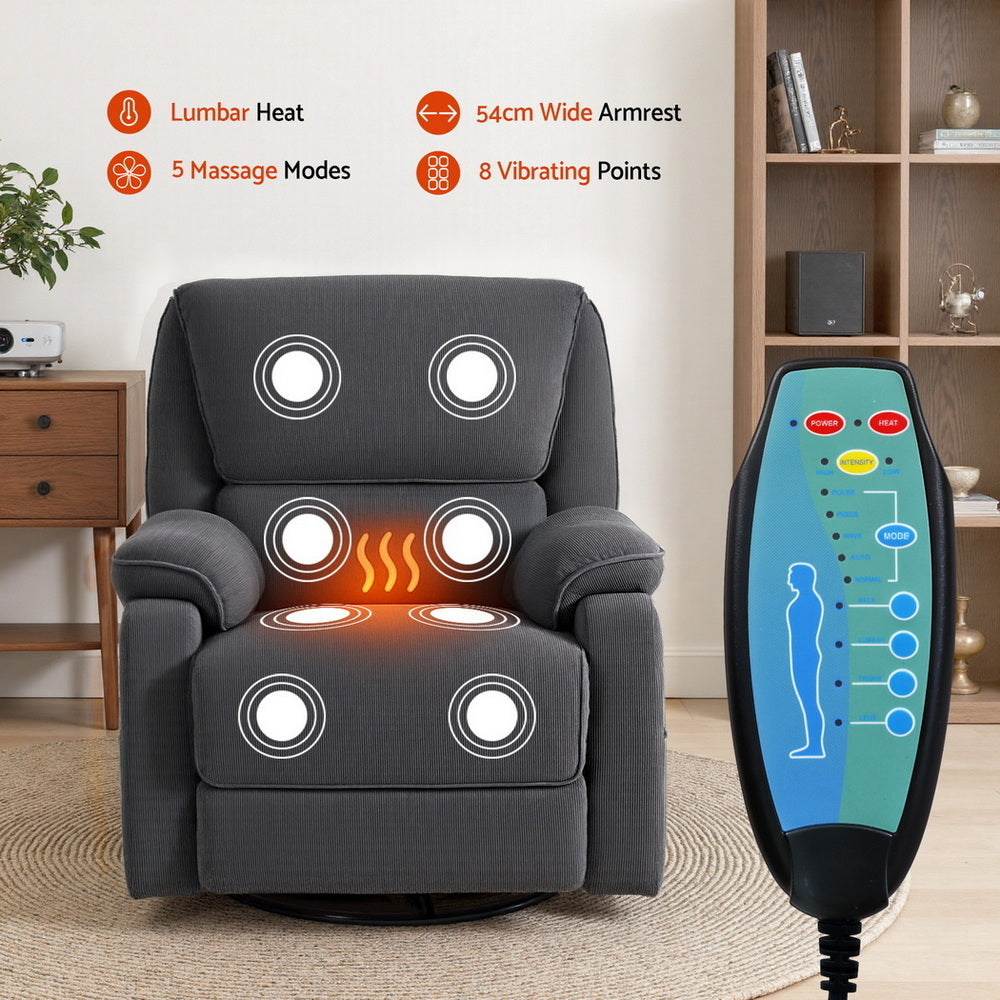 Clotho Rocking Recliner Chair 360 Swivel Massage Heated Reclining Chairs - Grey